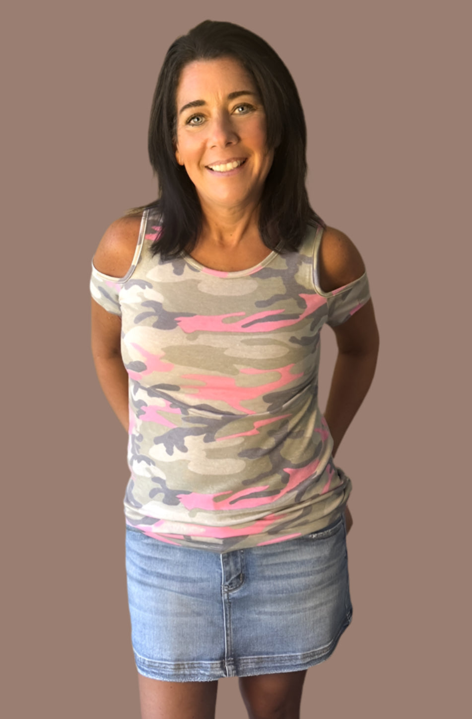 “The Leanne” Camo Cold Shoulder Top