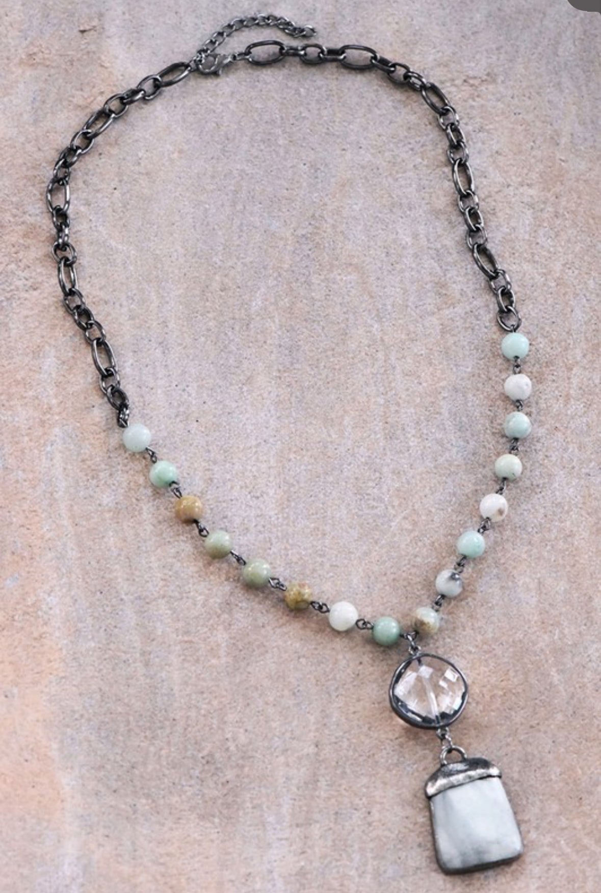 Natural Stone Pendant Beaded Chain Link Necklace