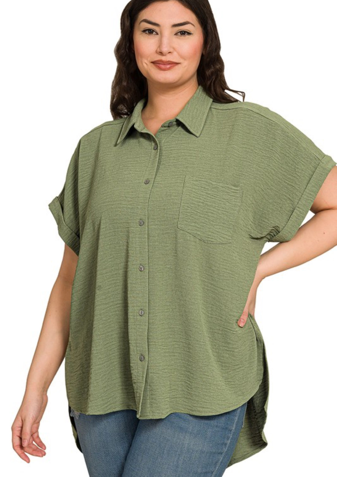 Air Flow Button Down Shirt, light olive/plus size