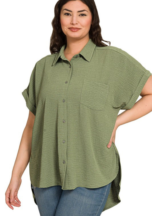 Air Flow Button Down Shirt, light olive/plus size