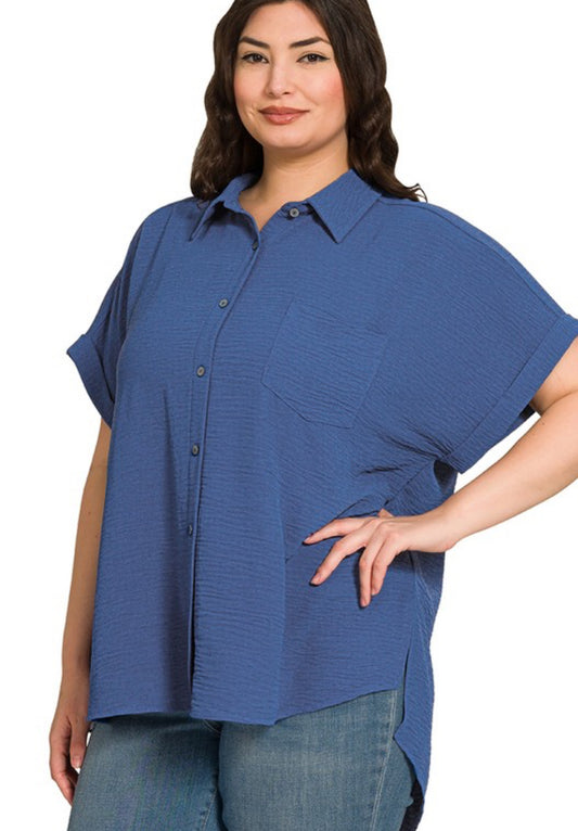 Air Flow Botton Down Shirt/navy/plus size