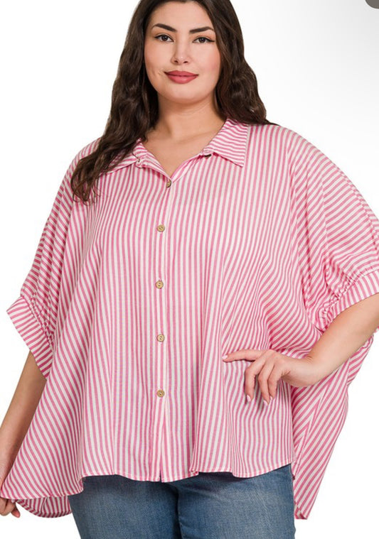 The Suzanna Striped Button Down Shirt-Plus Size