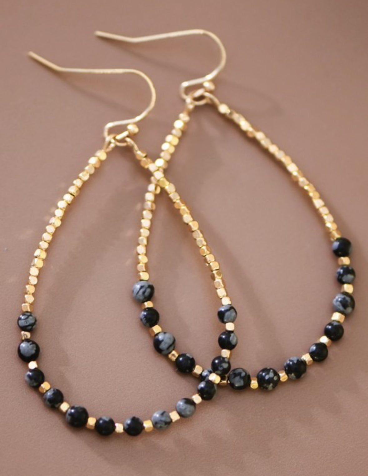 The Bailey Black Onyx Stone Beaded Teardrop Wire Earrings