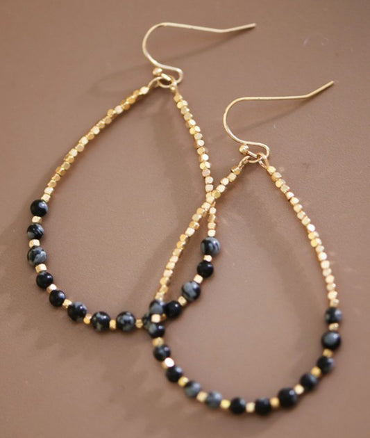 The Bailey Black Onyx Stone Beaded Teardrop Wire Earrings