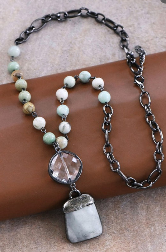 Natural Stone Pendant Beaded Chain Link Necklace